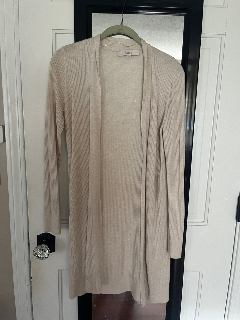LOFT Long Open-Front Ribbed Cardigan - Cream/Taupe